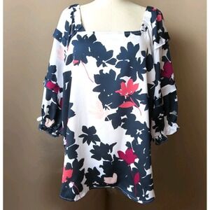 LIZ‎ CLAIBORNE BLOUSE 3/4 BALLOON SLEEVE FLORAL RED WHITE BLUE TOP SZ XL Career